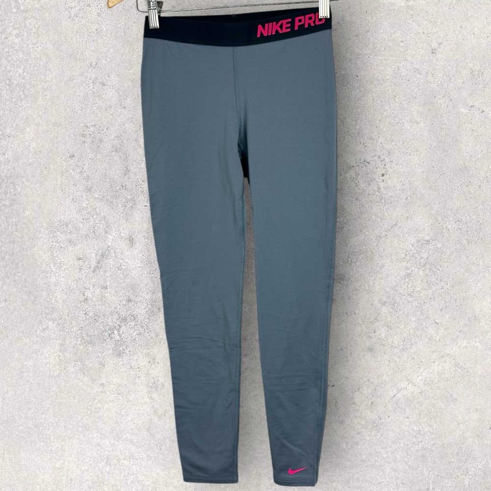 Nike Pro Grey Pink Spell Out Logo Girls Size Large Hyperwarm Tights Dri Fit L